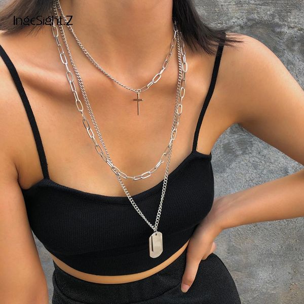 

ingesight.z панк многослойный крест толстый колье ожерелье воротник старинные нержавеющей стали квадратный кулон ожерелье женщины / мужчины, Silver