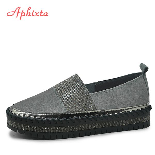 

aphixta замша кожа обувь женщины квартиры красочные кристаллы рука строчка плоский каблук скольжения на обувь женщина платформа обувь, Black