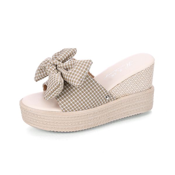 Vendita calda-Pantofole con plateau con fiocco a righe nere Sandali con zeppa infradito da donna Sandali con tacco alto con nodo a farfalla Scarpe estive da donna