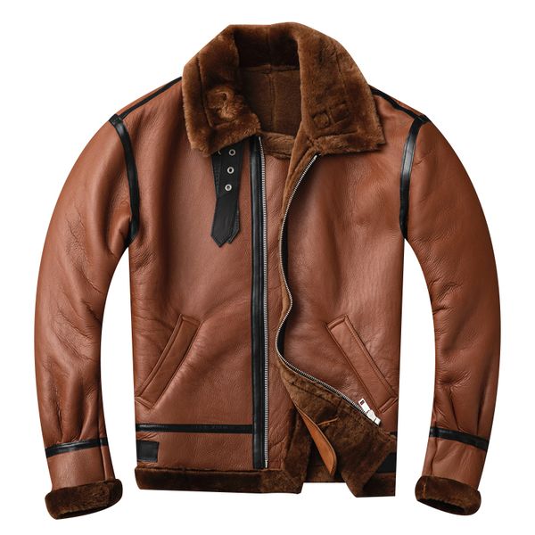 

seveyfan b3 flight-pilot men genuine leather jacket real sheep fur shearling jacket winter warm parkas motorcycle biker r3391, Black
