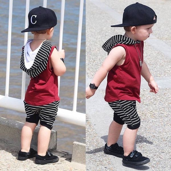 

2 pieces sleeveless hooded t-shirt and striped shorts for boy summer clothes, White
