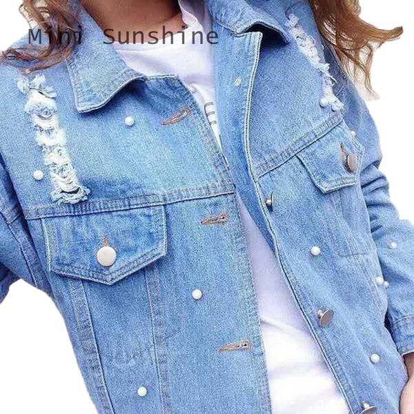 

2019 hole pearl jeans jacket women feminino slim fit fashion denim jacket lady elegant vintage jackets basic coats z30, Black;brown