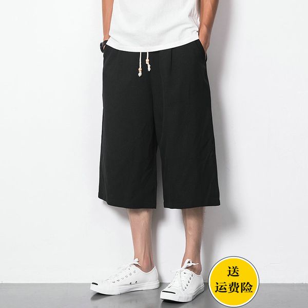 

2018 japanese shorts male summer season linen loose straight wide leg 7 pants casual beach pants, White;black
