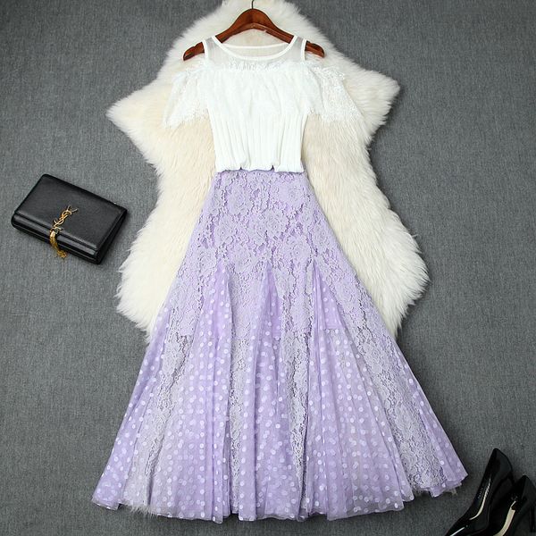 

lady clothing set 2019 new sweet slim knitted t-shirt girl womens sets lace patchwork yarn bobbin skirt suit, White