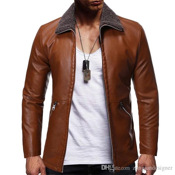 

mens autumn designer pu jackets long sleeve lapel neck zipper regular plus size homme clothing fashion style casual apparel, Black