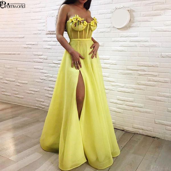 

promworld a-line sweetheart flowers tulle yellow formal evening dress long side slit evening gowns prom dresses 2019, White;black