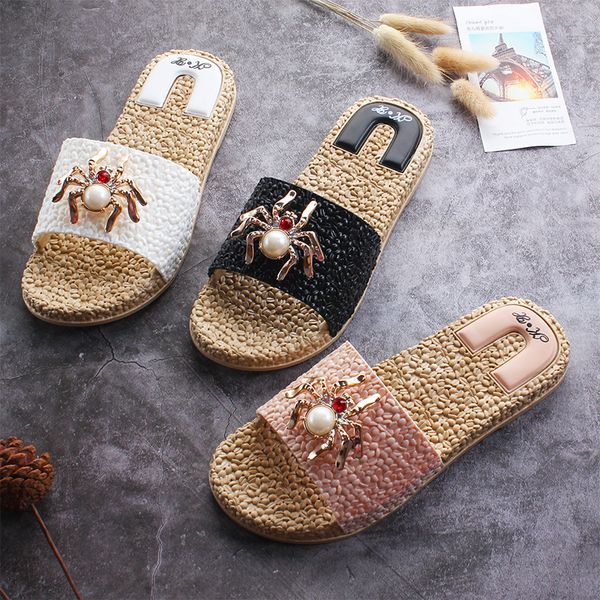 

2019 fashionable gem spider lady slipper, summer recreational flat bottom comfortable non-slip sandal wheat grain slipper, Black