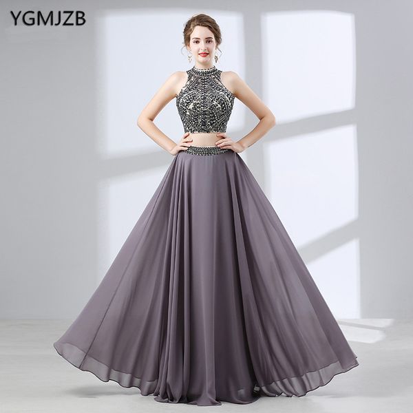 

backless long evening dresses 2018 a-line high neck sleeveless beaded crystal chiffon african style 2 piece prom dresses, White;black