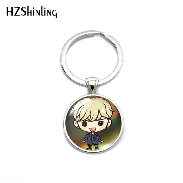 

2019 new fashion kpop male group got7 cartoon pettern round keyring glass dome pendants keychain, Silver