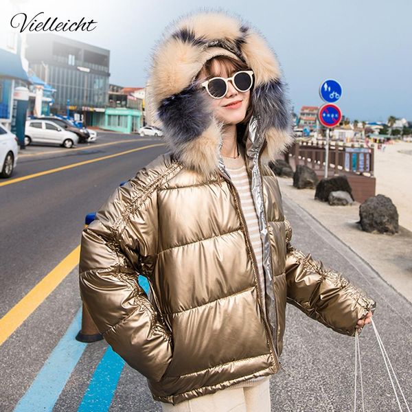 

vielleicht 2019 new glossy warm winter women fur hooded coat short cotton padded winter jacket women parkas jacket coat, Black