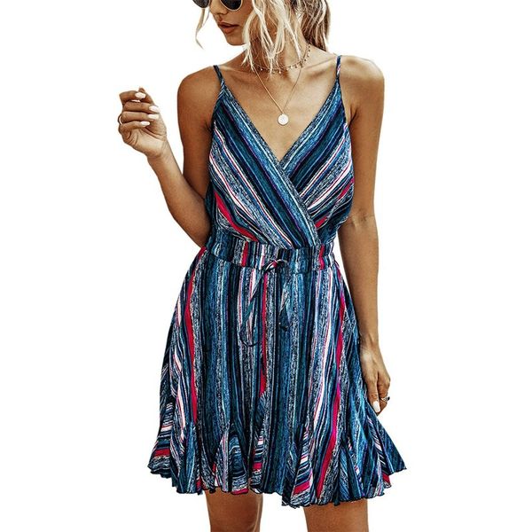 

casual dresses women's boho dress girls summer spaghetti strap printing stripe ladies beach sundress vestido knee-length sleeveless, Black;gray
