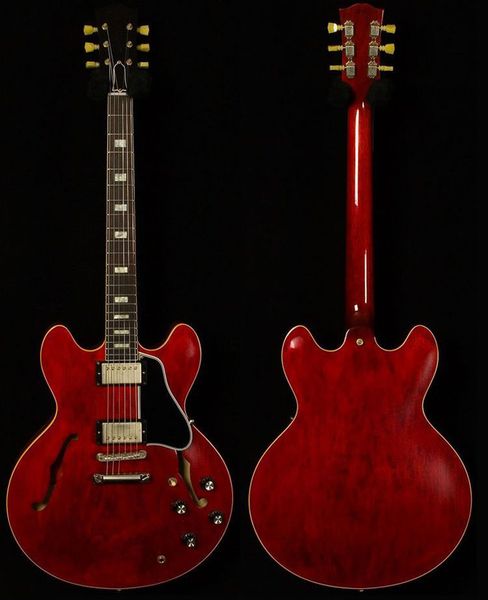 

jazz electric guitar, quality guitar, aged look, semi hollow body win red