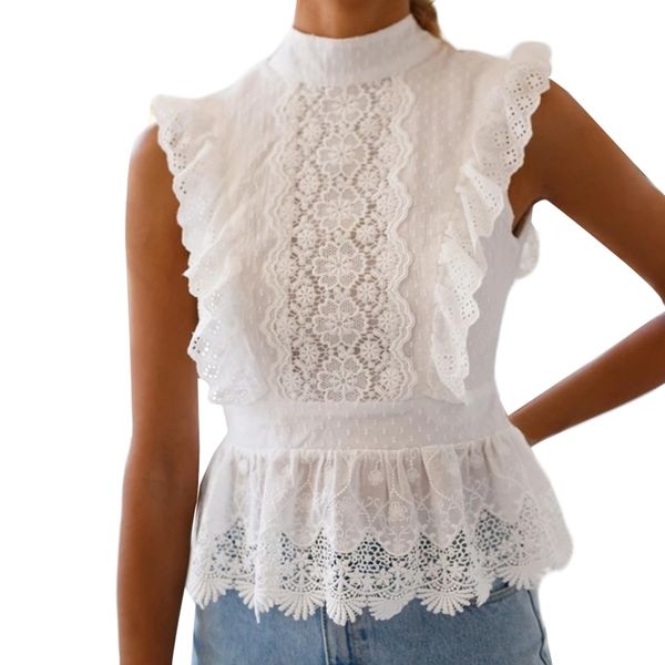 

backless lace embroidery ladies vest ruffled cutout women summer style street clothing xl size, White