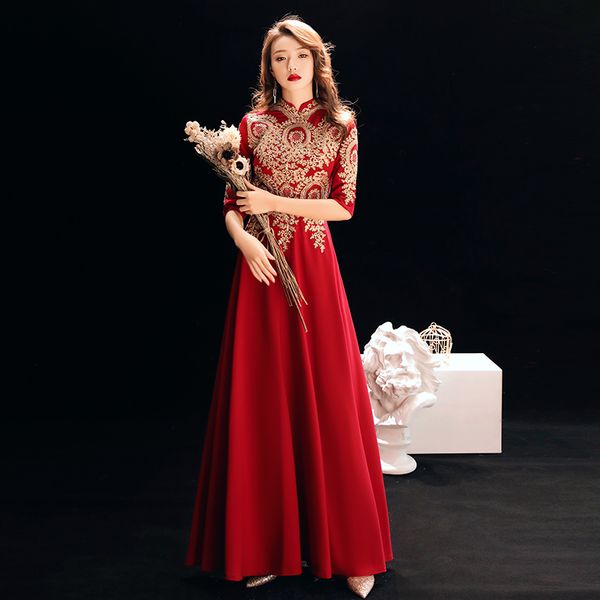 

exquisite appliques bride wedding dress gown burgundy chinese dress women cheongsam elegant satin qipao vintage vestidos, Red