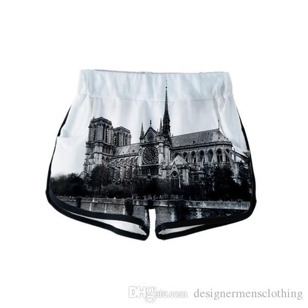 

paris women shorts sports gym pants quick drying 3d printed fifth trousers female clothing notre dame de, White;black