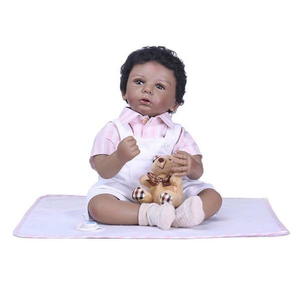 

realistic black african american baby reborn doll with hair, clothes, nursing bottle, magnet pacifier and mat, eco-friendly silicone 20 inch