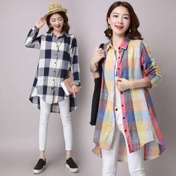 

new 2020 new autumn women cotton and linen white plaid blouses long shirts elegant kimono cardigan social ladies a167
