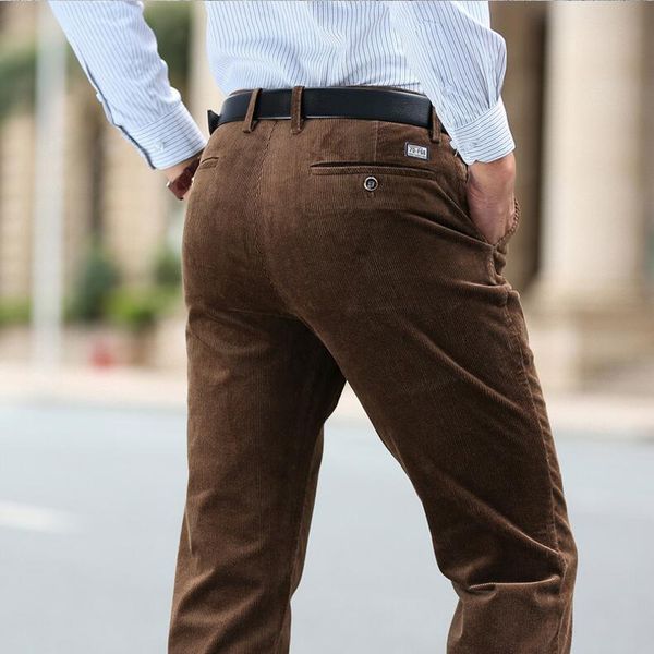 

icpans winter pants men thick trousers mid waist loose trousers elastic corduroy pants long straight business casual men, Black