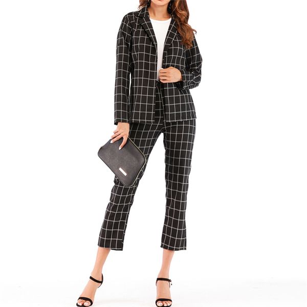 

2 piece set women 2020 office wear plaid blazer set pants suit uniform suit women streetwear matching sets two-piece outfits, White;black