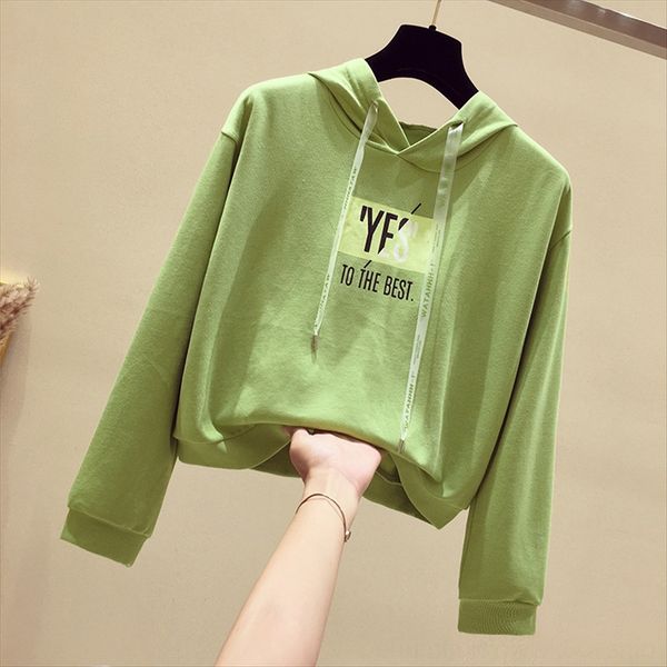 

avocado green hooded women's long sleeve 2019 early autumn loose thin drawstring sweater sweater green fashion, White