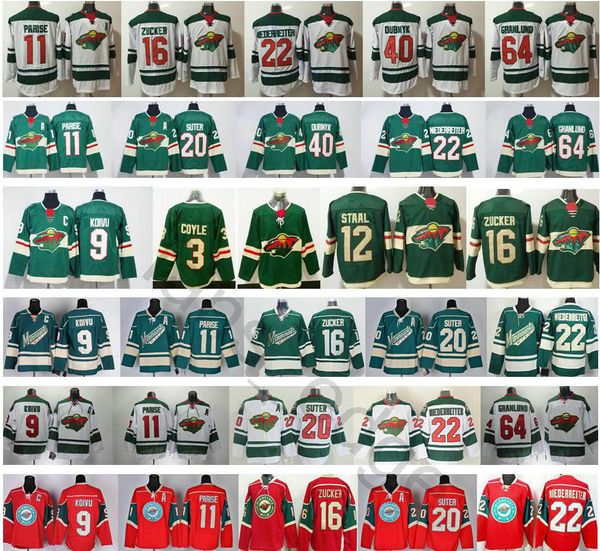 

new minnesota wild 3 charlie coyle 11 zach parise 16 jason zucker 20 ryan suter 22 nino niederreiter 64 mikael granlund jersey, Black;red