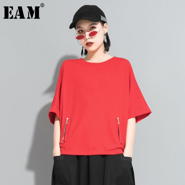 

eam] women black zipper split big size t-shirt new round neck three-quarter sleeve fashion tide spring summer 2020 1s546, White