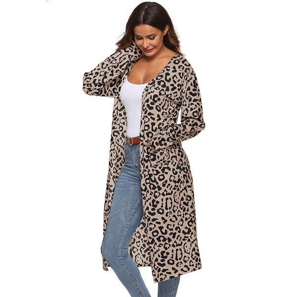 

autumn winter new fashion women leopard knit long cardigan coat women thin section long sleeve cardigans female outerwear, White