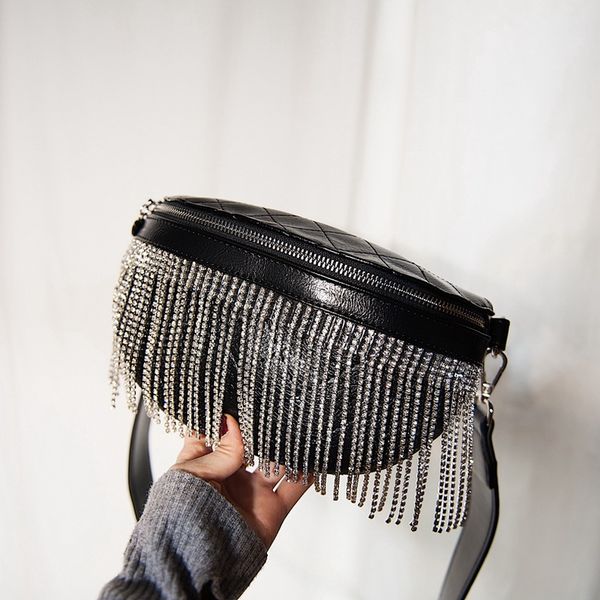 

rhinestone female semicircular messenger bag fashion chest bag blingbling diamond tassel fanny pack hip hop diagonal belt