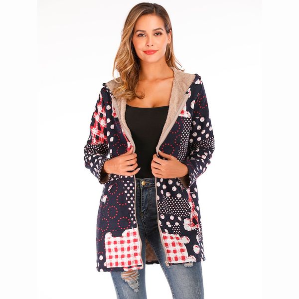 

plus size s-5xl winter parkas women warm vintage floral printed irregular zipper long fleece thicker jackets coats with hats, Black