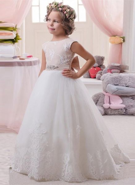 

white flower girl dresses elegent a-line sleeveless lace applique tulle bead girl gowns for weddings party dresses, White;blue