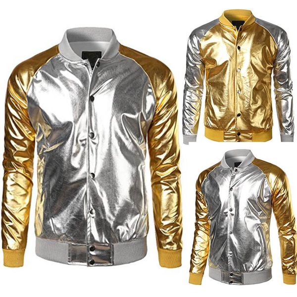

men's jackets fashion men metallic nightclub styles zip up varsity baseball bomber jacket coat outerwear stand collar male clothing, Black;brown