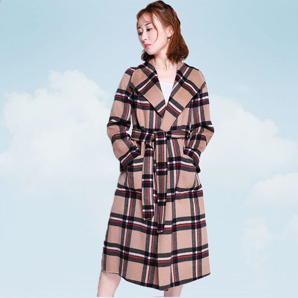 

grid pattern medium long overcoat female 2019 new autumn cashmere double-sided wool coats slim-type winter women jacket ss720, Black
