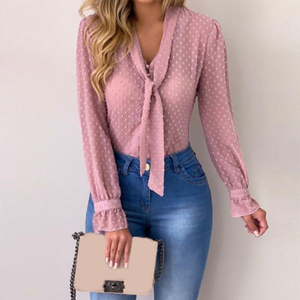

lace up daily transparent long sleeve party polka dot casual loose soft chiffon travel women blouse autumn button down, White