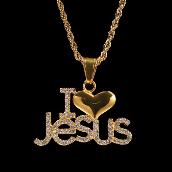 

mens gold stainless steel hip hop i love jesus heart pendant chain necklace iced out diamond initial letters rapper jewelry gifts for men, Silver