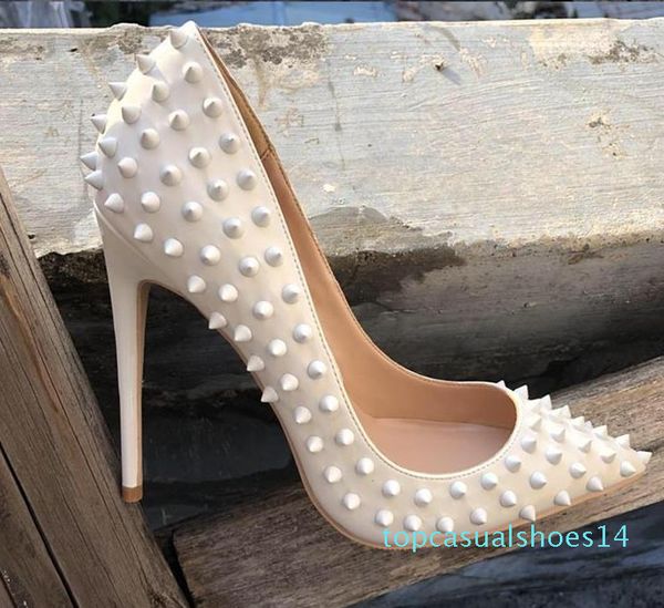 

plus size 33 to 46 origin package shiny red bottom shoes gold rivets spikes desiger high heels genuine leather pointed stiletto heels 14t, Black
