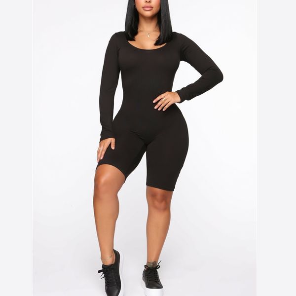 

women's solid slim playsuits new lady casual backless leotard bodycon playsuit jumpsuit long sleeve skinny short romper clubwear, Black;white