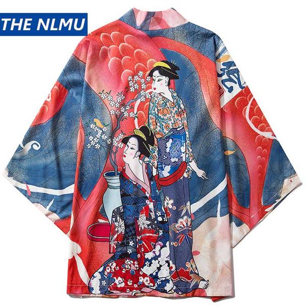 

2020 new japanese kimono open stitch jacket harajuku men hip hop japan lady print streetwear loose summer jackets thin ht030, Black;brown
