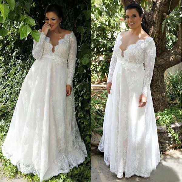 

new v-neck lace appliques a-line wedding dresses sheer long sleeves lace sweep train zipper back garden bridal gowns custom, White
