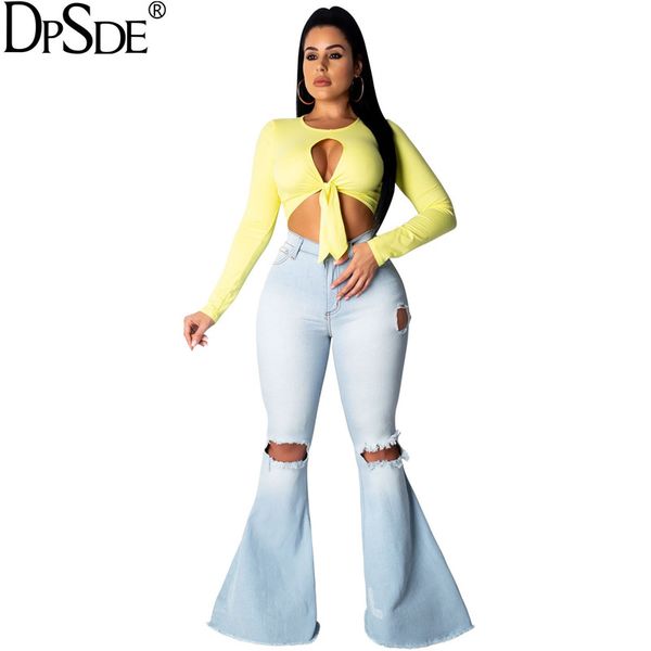 

summer 2020 fashion reduction of age hip hop style denim long pants buttons broken hole pure color flared trousers, Blue