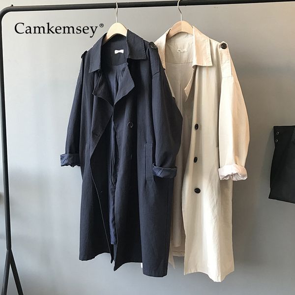 

camkemsey new autumn long trench coats for women overalls spring long sleeve casual turn down collar loose cargo windbreak coats, Tan;black