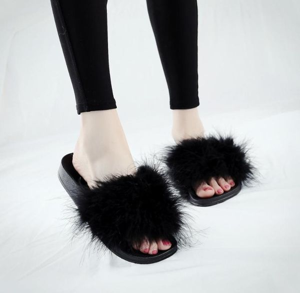 

women fur fluffy flat home slippers female furry plush hair slides ladies winter warm casual house shoes fashion plus size, Black