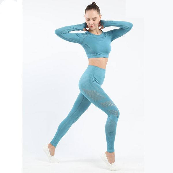 

gym clothing women two piece set yoga long-sleeved suit female sports hollow fitness seamless and trousers, White;black