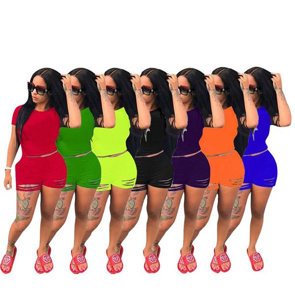 

women ripped sweatsuit solid color 2 piece set short sleeve t-shirt+hollow out shorts fashion summer clothes casual jogger suit 2927, White