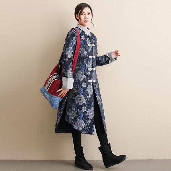 

middle long women's winter cotton padded ethnic flavor thickened chinese style stand collar dignified literature fine workmanship trave, Red