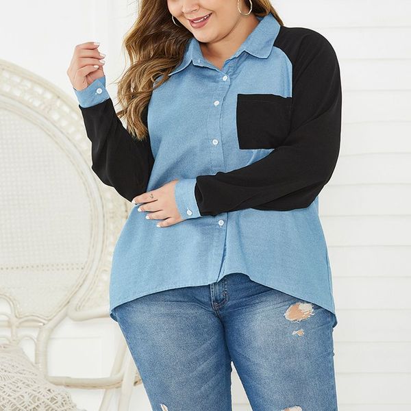 

весна большой размер джинсовая рубашка 5xl6xl7xl 8xl 9xl мода женская лацкан джинсовая с длинным рукавом карман кнопка шить рубашка бюст 142, White