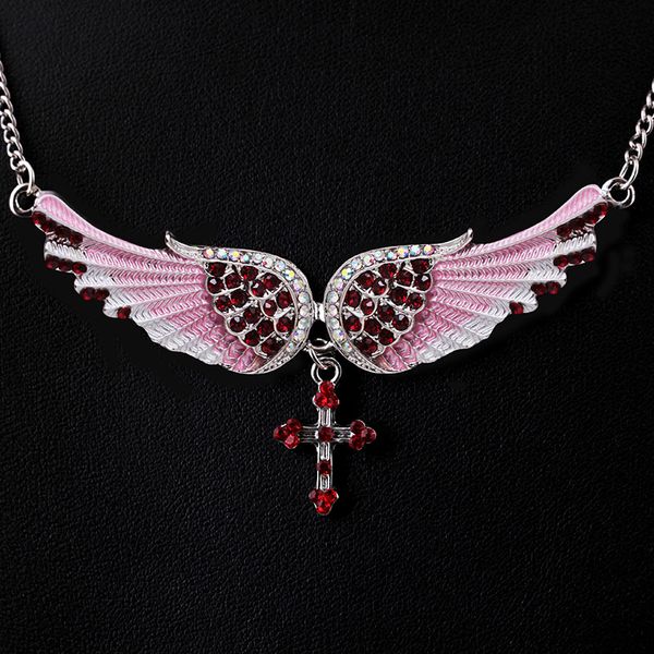 Neue Designer-Halsketten mit Engelsflügel-Kreuz-Anhänger, luxuriöse Strass-lange Halsketten, Pullover-Halskette, Modeschmuck, Geschenke für Frauen