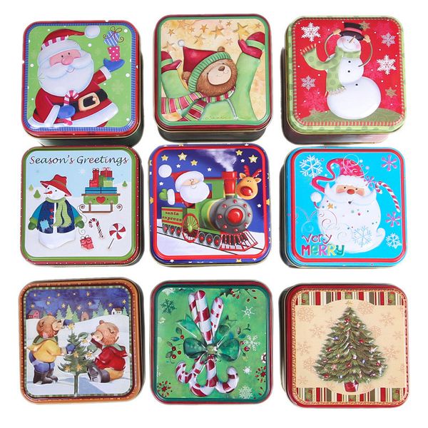 Weihnachten Weißblech Candy Box Quadratische Süßigkeiten Cookie Geschenk Lagerung Box Weihnachten Santa Glocke Schneemann Kekse Können Box