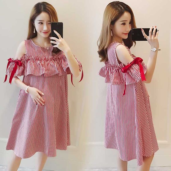 

summer maternity dresses bow sleeve dress clothes for pregnant women daily wear striped pregnancy clothes, White
