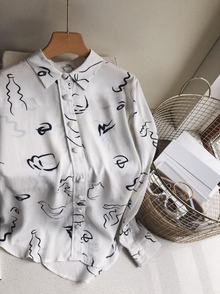

women shirt 2020 new abstract line pattern printed long sleeve shirt, White