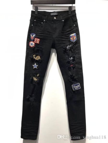 

2019 марка мужская рука шлифовка проблемные ripped байкер джинсы slim fit нищий вставлять ткань байкер denim модельер брюки черные мужские, Blue
